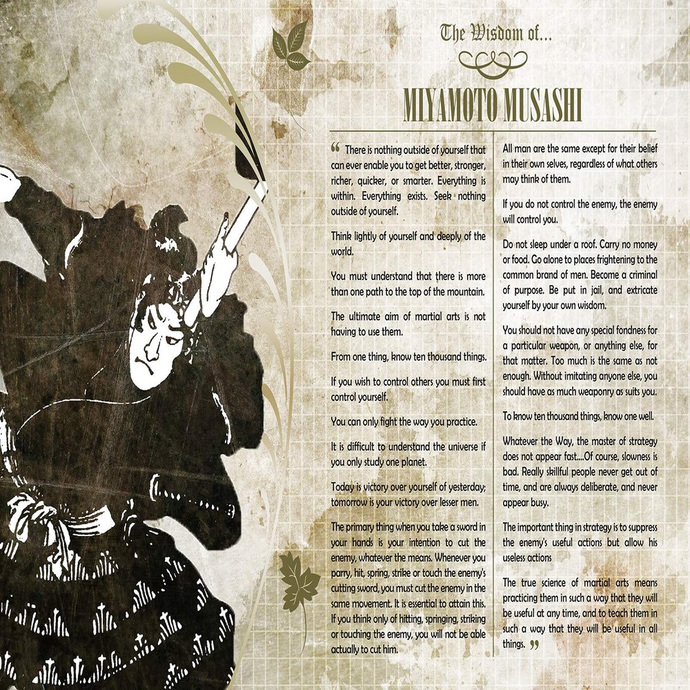 100% Smooth Cotton Paper - The Wisdom of Miyamoto Musashi Poster - Photo Art Print Gift Motivation - rnin Samurai MMA Martial Arts Swordsman Sun Tzu - Size: 24 x 16 Inches