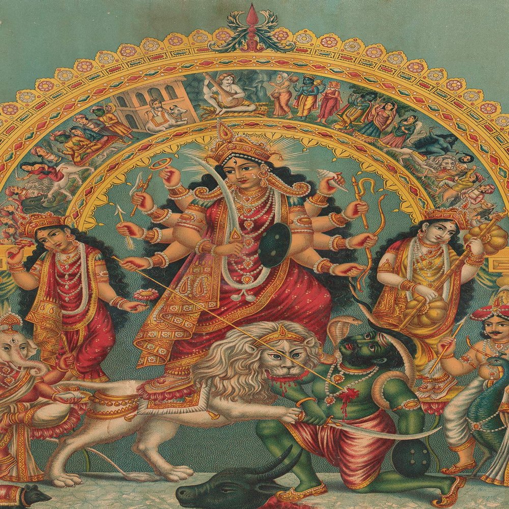 100% Smooth Cotton Paper - Shri Shri Durga with Mahisha Trisula Lakshmi Saraswati (1890) - Painting Photo Poster Print Art Gift Home Wall Decor - Hindu God - Size: 24 x 16 Inches