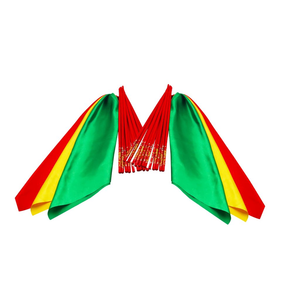 FixtureDisplays 2PK Red Chopsticks Dance Prop with Flowing Squrare Hankerchief Ribbons in Red Yellow Green Colors 21849-NPF