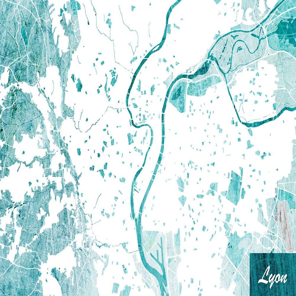 100% Smooth Cotton Paper - Lyon, France Original Map Design Blue Stroke - Art Print Poster Photo Gift - Size: 24 x 16 Inches