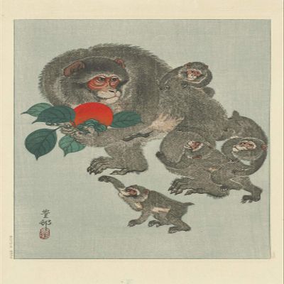 100% Smooth Cotton Paper - Ohara Koson - Mother Monkey and Infants (1930) - Painting Photo Poster Print Art Gift Wall Home Decor - Animal Wool Monkey - Size: 24 x 16 Inches