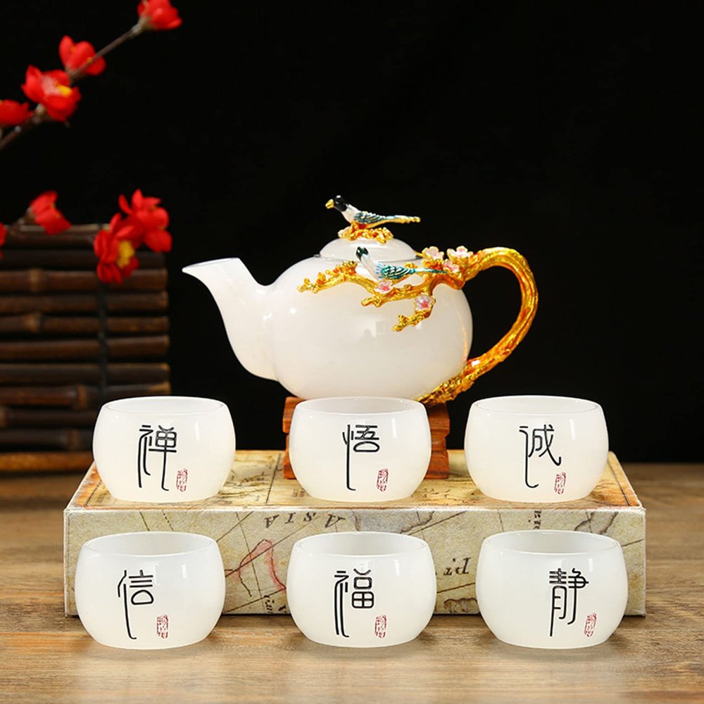 Tea Set Enamel Jade Kung Fu Tea Set Service for 6 White Jade Cup Coffee Set Afternoon Tea Pot Business Gift for Home Housewarming Christmas'S Day Women Tea Party Sets Gift,A