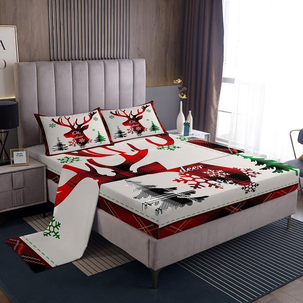 Manfei Xmas Deer Sheet Set Twin Size, Christmas Tree Snowflake Print Bed Sheet Set 3pcs with Deep Pocket Fitted Sheet + Flat Sheet + 1 Pillowcase, New Year Theme Bedding Set for Kids Boys Girls