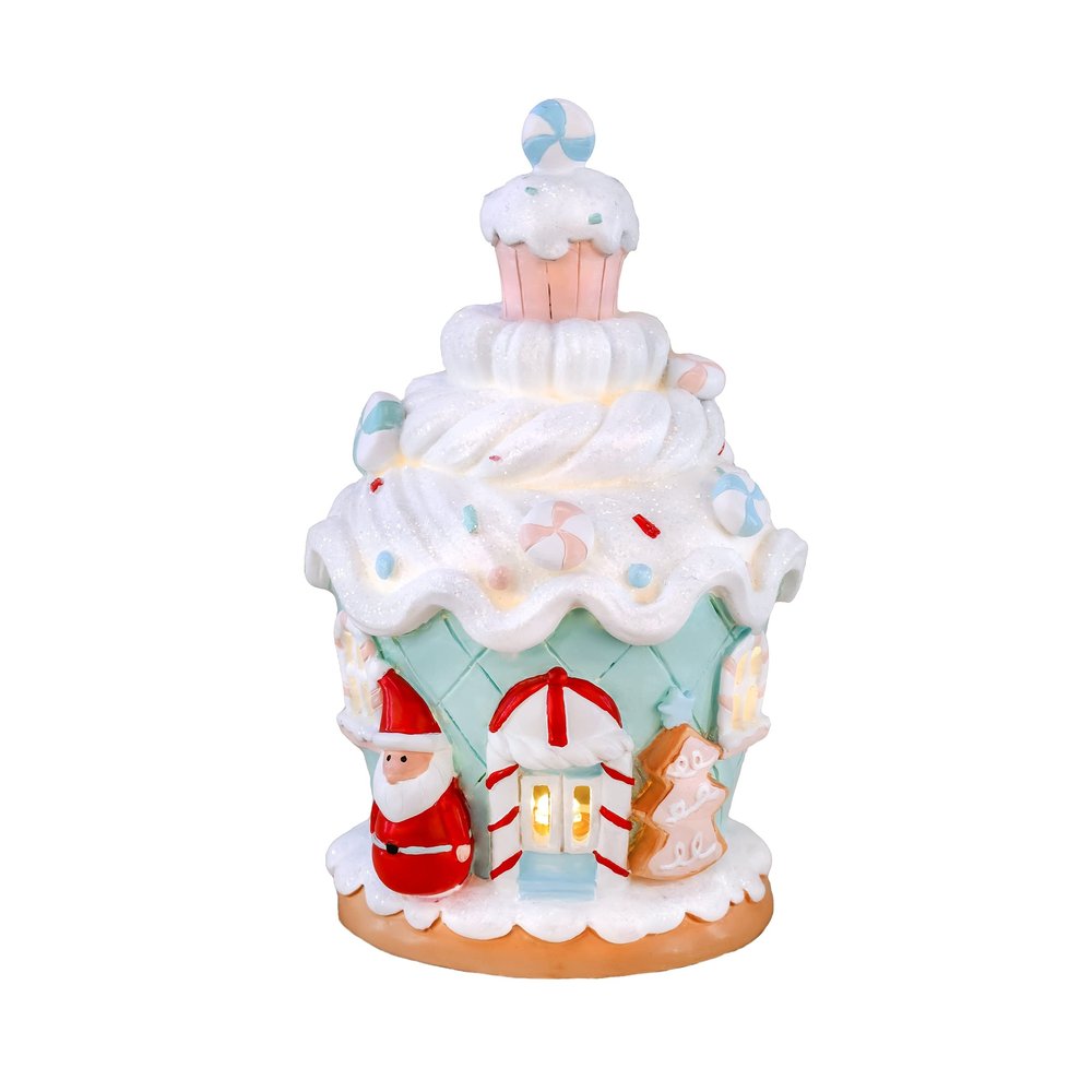 8" Santa Cake House with Lights 8 in Brown Polyresin