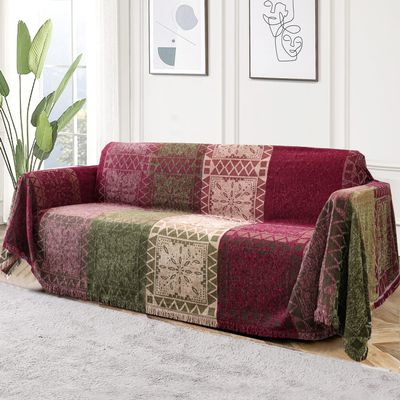 Turquoize Boho Couch Cover Bohemian Cotton Sofa Cover Sofa Throw Cover for Couches Sofa Slipcover Sectional Sofa Couch Covers Feature Hippie Chenille Jacquard Fabric (71"x 118", X-Large, Green Red)