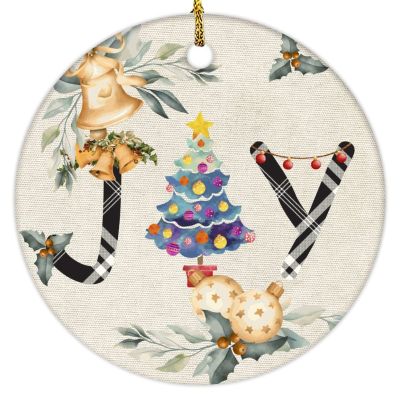 2022 Christmas Ornaments Pine Tree Joy Plaid Ceramic Ornament Jingle Bell Wreath Souvenir Xmas Wall Door Window Decor Two Sides Printed Personalized Memorial Pendant Keepsake 3 Inch