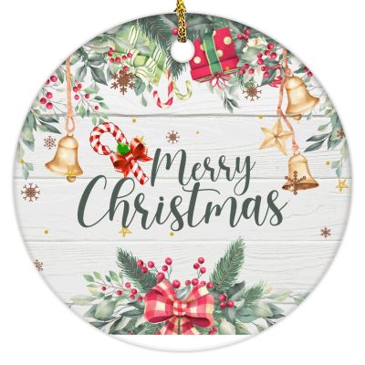 2022 Christmas Ornaments Berries Pine Twigs Ornament Wreath Ceramic Ornament Jingle Bells Bow Souvenir Xmas Wall Door Window Decor Two Sides Printed Memorial Pendant Keepsake 3 Inch