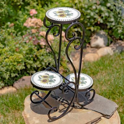 Zaer Ltd. Mosaic Tile Furniture (3 Pot Plant Stand, Odessa Sunflower Design)