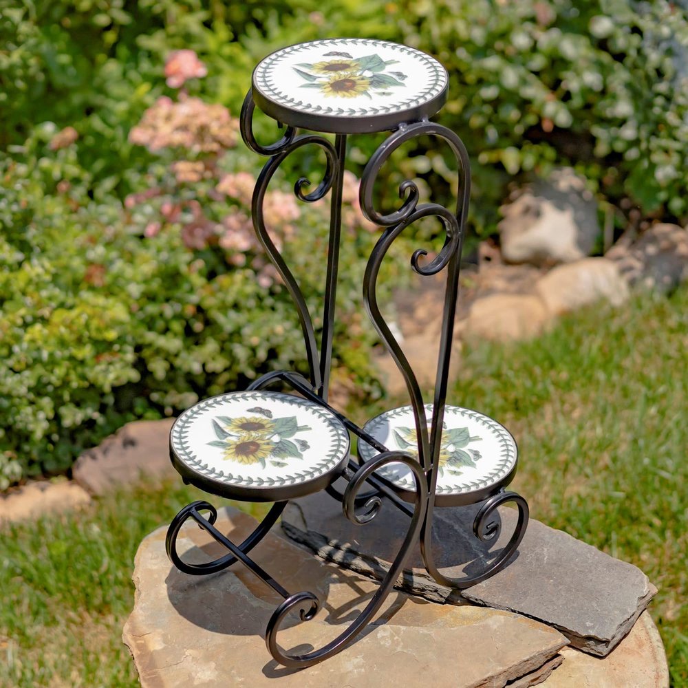 Zaer Ltd. Mosaic Tile Furniture (3 Pot Plant Stand, Odessa Sunflower Design)