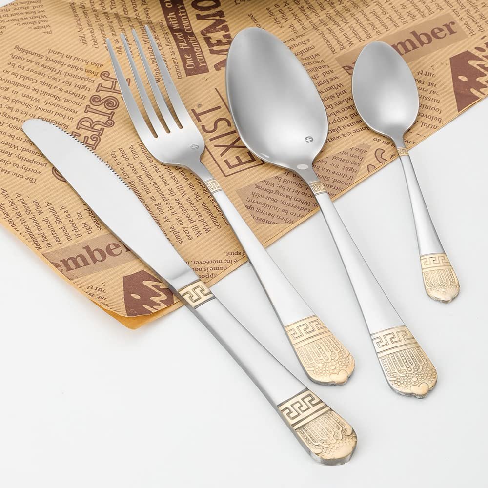 64 Piece Silverware Set for 16, Stainless Steel Flatware Set, Modern Cutlery Tableware set w/Gold Accents Knife Fork Spoon Cutlery for Family Gatherings Daily Use Wedding