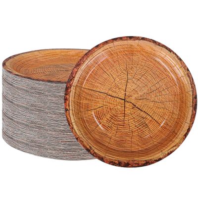 peony man 50 Count Wood Grain Paper Plates 9" Rustic Wood Slice Paper Plates Disposable Party Dinner Plate Farmhouse Round Plate for Dining Table Decor Cut Timber Party Supplies