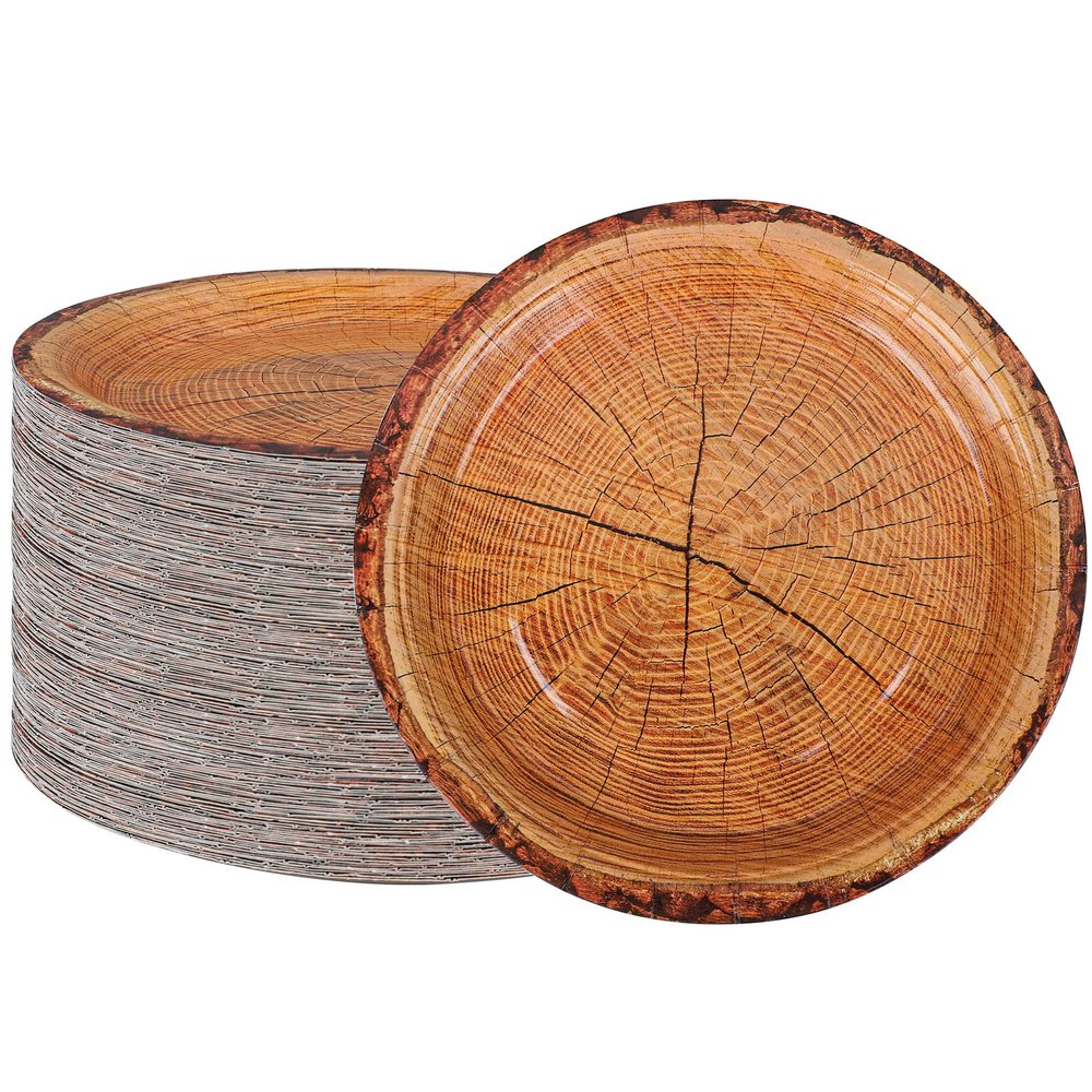 peony man 50 Count Wood Grain Paper Plates 9" Rustic Wood Slice Paper Plates Disposable Party Dinner Plate Farmhouse Round Plate for Dining Table Decor Cut Timber Party Supplies