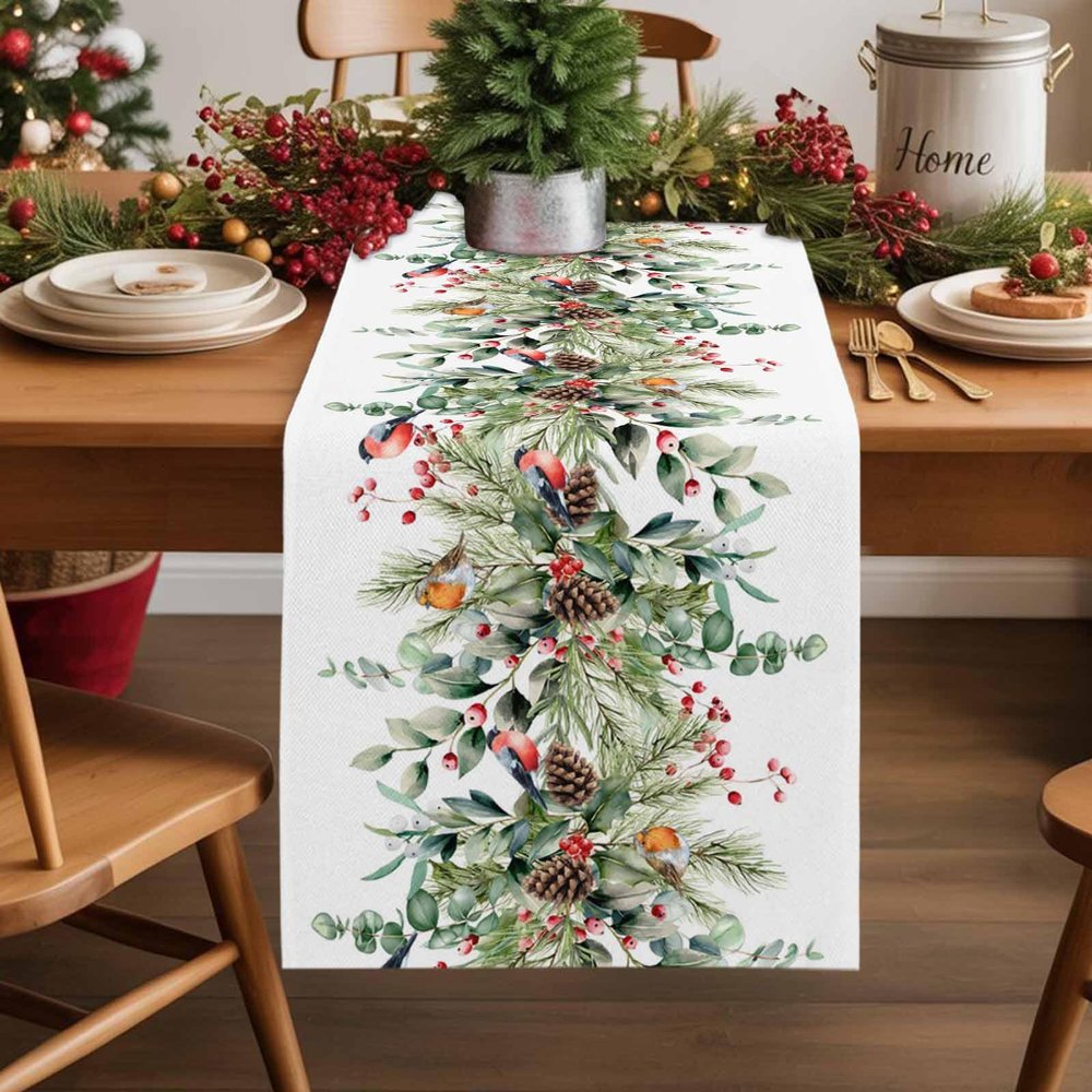 Christmas Table Runner Eucalyptus Leaves Table Runners,Cardinal Berry Green Plant Pine Cones on White Decorative Dresser Scarf for Home Kitchen Dinning Room Banquet Holiday Party 13x48in