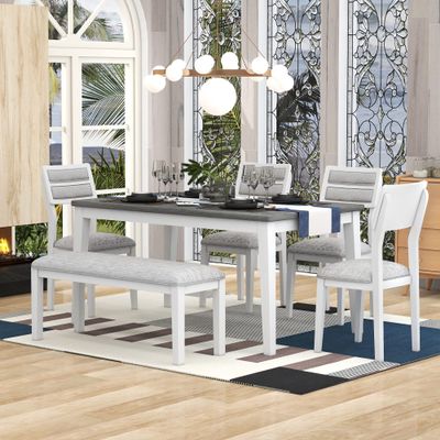 6 Piece Dining Table Set with Bench, Rectangle Dining Table with 4 Upholstered Chairs & a Bench, Kitchen Table Chairs Set for 6 Persons, Wood Dining Room Set (White+Gray)