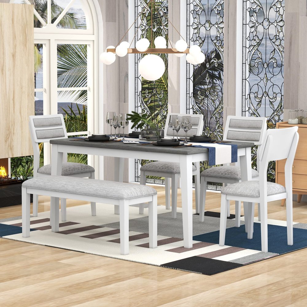 6 Piece Dining Table Set with Bench, Rectangle Dining Table with 4 Upholstered Chairs & a Bench, Kitchen Table Chairs Set for 6 Persons, Wood Dining Room Set (White+Gray)