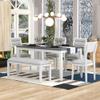 6 Piece Dining Table Set with Bench, Rectangle Dining Table with 4 Upholstered Chairs & a Bench, Kitchen Table Chairs Set for 6 Persons, Wood Dining Room Set (White+Gray) view 1