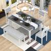 6 Piece Dining Table Set with Bench, Rectangle Dining Table with 4 Upholstered Chairs & a Bench, Kitchen Table Chairs Set for 6 Persons, Wood Dining Room Set (White+Gray) view 3