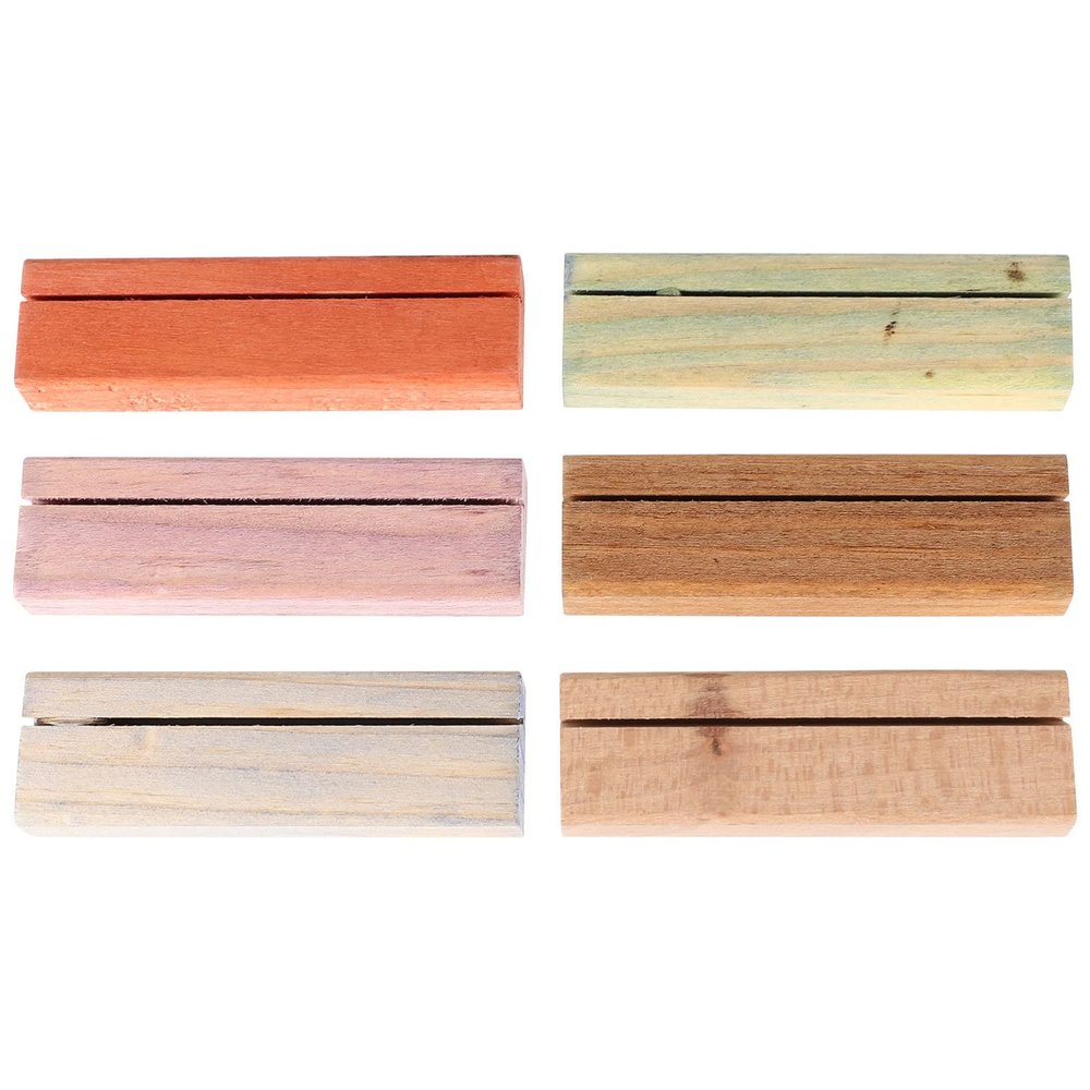 STOBOK 6pcs Wooden Business Card Holders Natural Place Card Stands for Weddings Parties and Office Use Rustic and Menu Displays