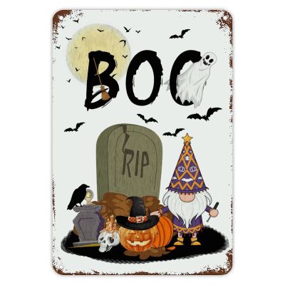 Halloween Gnomes Metal Sign Pumpkin Scary Spooky Ghost Cemetery Metal Sign Halloween Boo Wall Decorations for Living Room Retro Rustic Kitchen Wall Art Indoor & Outdoor Decor 12x8 inch