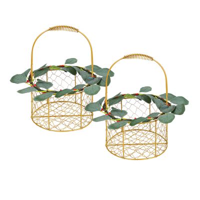 BEIJIALY 2 Pcs Flower Girl Basket with Eucalyptus Leaves,Gold Metal Wedding Basket with Handle,Flower Petal Basket Portable Flower Basket for Table Wedding Home Decor