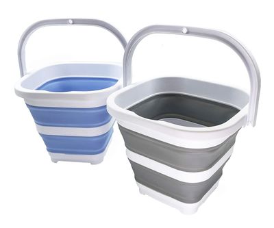SAMMART Collapsible Rectangular Cleaning Bucket 5L (1.3 Gallon)- Foldable Camping Beach Sand Water Pot Pail- Portable Space Saving Tub for Household, Outdoor Car Washing (Grey + Baby Blue (Set of 2))