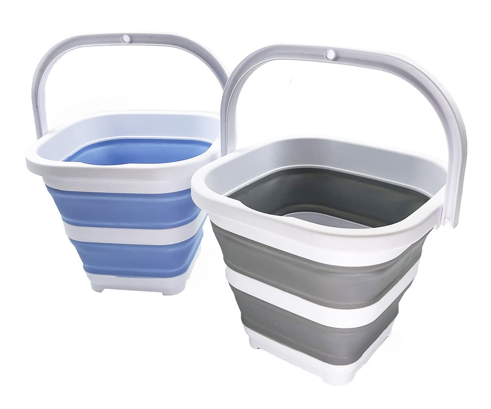 SAMMART Collapsible Rectangular Cleaning Bucket 5L (1.3 Gallon)- Foldable Camping Beach Sand Water Pot Pail- Portable Space Saving Tub for Household, Outdoor Car Washing (Grey + Baby Blue (Set of 2))