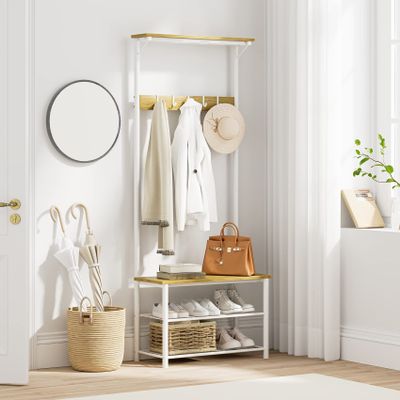 AEPOALUA Hall Tree with Bench and Shoe Storage, 3-in-1 Coat Rack Shoe Bench, Freestanding Wooden Coat Rack with Metal Frame, 3-Tier Storage Shelf and 5 Removable Hooks, White