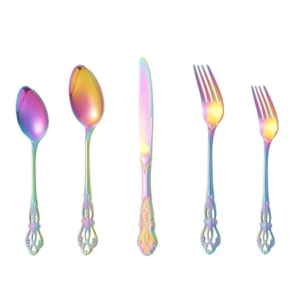 Rainbow Silverware Set 40 Piece Palace Flatware Set for 8 With Hollow Relief Decoration Stainless Steel Home Kitchen Wedding Restaurant Cutlery Utensils Delicate Knifes Forks and Spoons Tableware Set