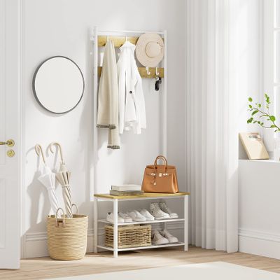 AEPOALUA Hall Tree with Bench and Shoe Storage, 3-in-1 Coat Rack Shoe Bench, Freestanding Wooden Coat Rack with Metal Frame, 3-Tier Storage Shelf and 9 Removable Hooks, White/Walnut