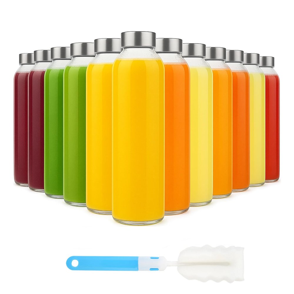 Sursip [12 Pack] 18 oz Glass Water Bottles with Lids, Juice Bottles, Clear glass juice bottle for juicing, Eco-Friendly Reusable Glass Juicing Bottles with Stainless Steel Lid, BPA Free,Leak-Proof