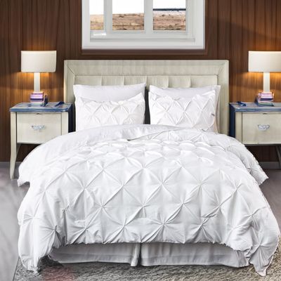 800 Thread Count Pinch Pleated Duvet Cover 100% Egyptian Cotton Linen 1 Piece Bedding Set, Breathable Durable Soft Luxury Pintuck Duvet Cover Set with Zipper Closure & Corner Ties (White, Twin)