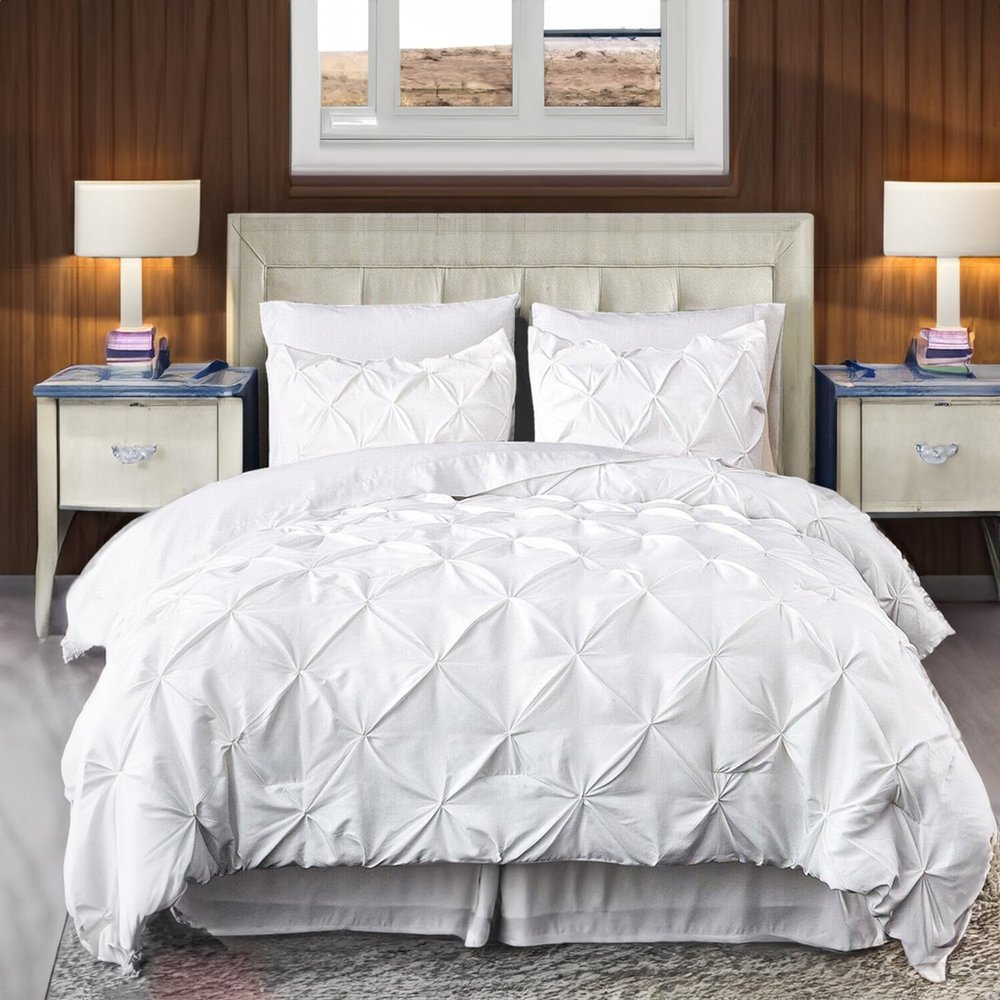 800 Thread Count Pinch Pleated Duvet Cover 100% Egyptian Cotton Linen 1 Piece Bedding Set, Breathable Durable Soft Luxury Pintuck Duvet Cover Set with Zipper Closure & Corner Ties (White, Twin)