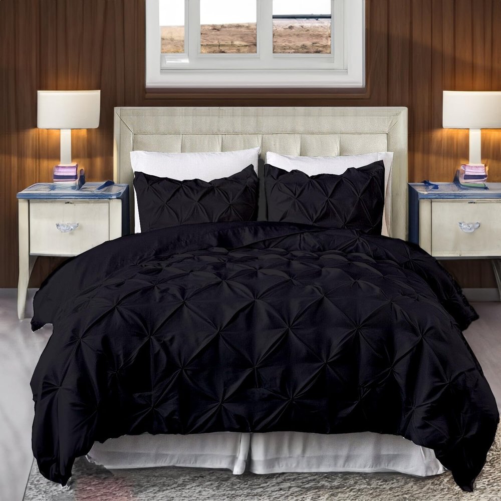 800 Thread Count Pinch Pleated Duvet Cover Set 5 Piece 100% Egyptian Cotton Bedding Set with Zipper & Corner Ties, Breathable Durable Soft Luxury Pintuck Duvet Cover & 4 Pillow Shmas (Black, King)