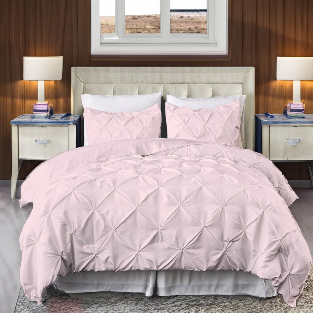 800 Thread Count Pinch Pleated Duvet Cover 100% Egyptian Cotton Linen 1 Piece Bedding Set, Breathable Durable Soft Luxury Pintuck Duvet Cover Set with Zipper Closure & Corner Ties (Pink, Twin)