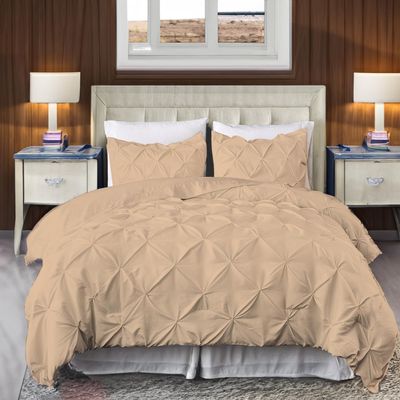 800 Thread Count Pinch Pleated Duvet Cover Set 3 Piece 100% Egyptian Cotton Bedding Set with Zipper & Corner Ties, Breathable Durable Soft Luxury Pintuck Duvet Cover & 2 Pillow Shmas (Beige, Queen)