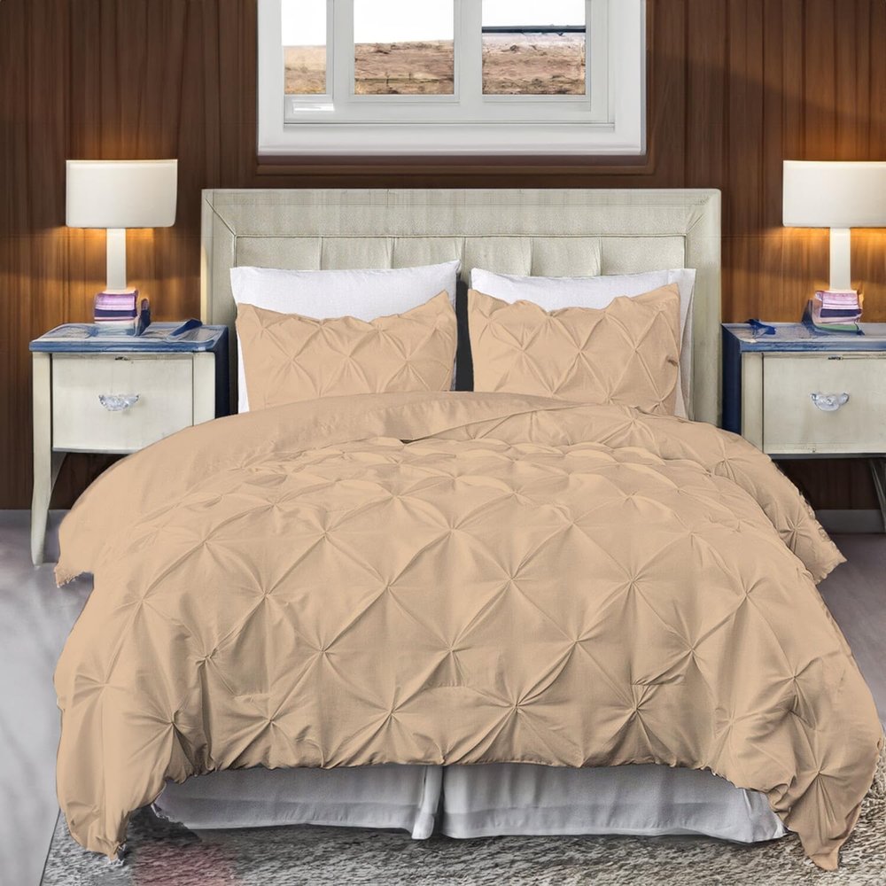 800 Thread Count Pinch Pleated Duvet Cover Set 3 Piece 100% Egyptian Cotton Bedding Set with Zipper & Corner Ties, Breathable Durable Soft Luxury Pintuck Duvet Cover & 2 Pillow Shmas (Beige, Queen)