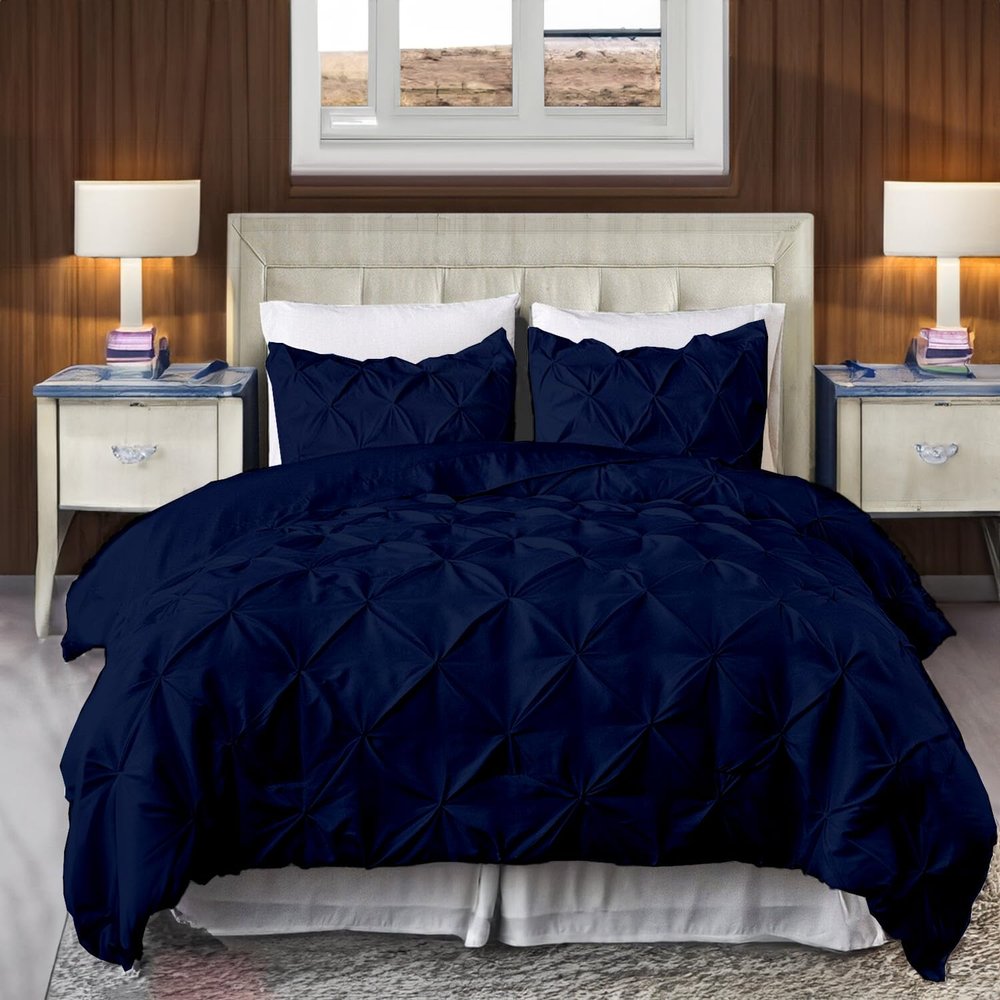 800 Thread Count Pinch Pleated Duvet Cover Set 5 Piece 100% Egyptian Cotton Bedding Set Zipper & Corner Ties, Breathable Durable Soft Luxury Pintuck Duvet Cover & 4 Pillow Shmas (Navy Blue, Cal King)
