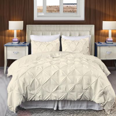 800 Thread Count Pinch Pleated Duvet Cover Set 5 Piece 100% Egyptian Cotton Bedding Set with Zipper & Corner Ties, Breathable Durable Soft Luxury Pintuck Duvet Cover & 4 Pillow Shmas (Ivory, Twin)