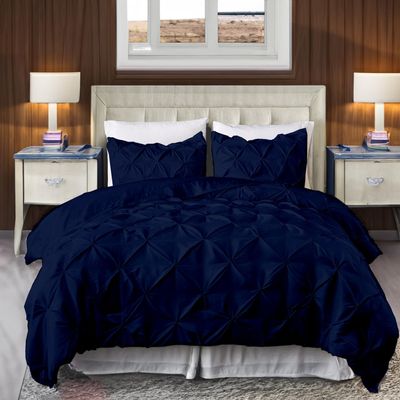 800 Thread Count Pinch Pleated Duvet Cover Set 5 Piece 100% Egyptian Cotton Bedding Set with Zipper & Corner Ties, Breathable Durable Soft Luxury Pintuck Duvet Cover & 4 Pillow Shmas (Navy Blue, King)
