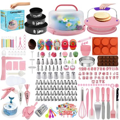 Gawren-H&E 678pcs Cake Decorating Kit,Cake Baking Suppplies with Decorating Tools,Cake Carrier,Springform Pans,Piping Bags and Tips Set,Turntable,Cake Decorating Supplies for Beginners/Professional