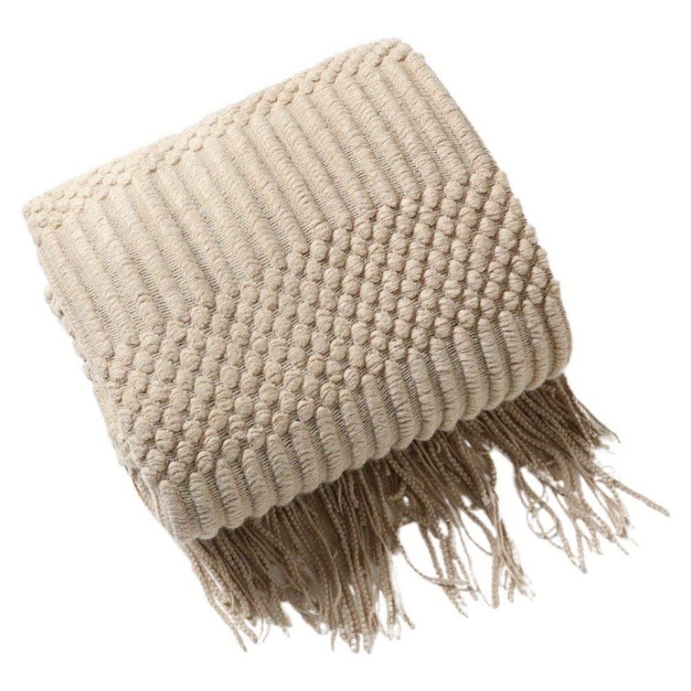 Blanket Queen Size Knitted Blanket with Tassels, Soft Lightweight Cozy Textured Blankets Travel Pillows (Color : Khaki, Size : 130x220cm)