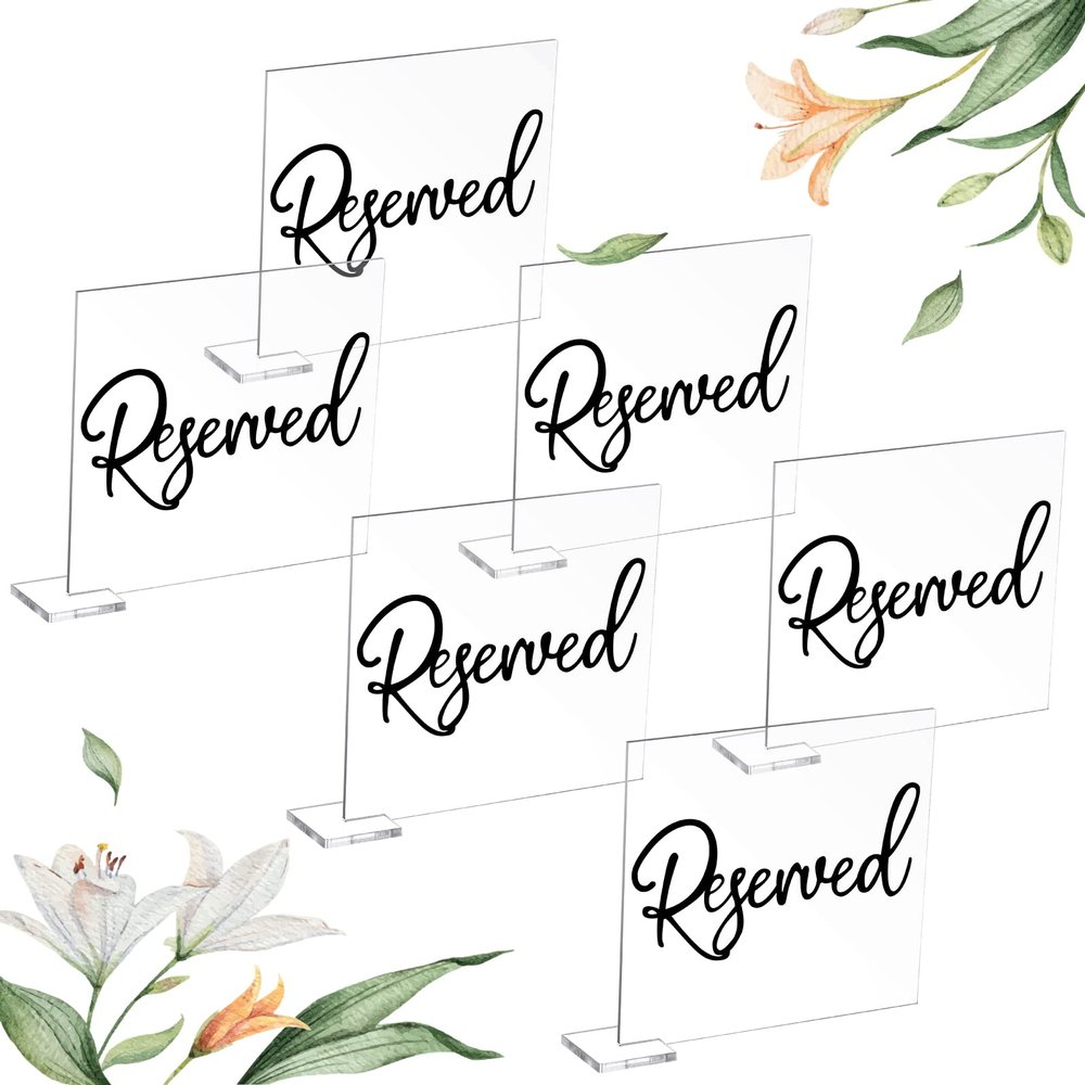 Bucherry 6 Pcs Black Reserved Table Signs 3.9 x 3.5" for Wedding Acrylic Reserved Seating Signs Clear Acrylic Stands with Cursive Letters for Chairs Wedding Party Meeting Restaurant Ceremony Office