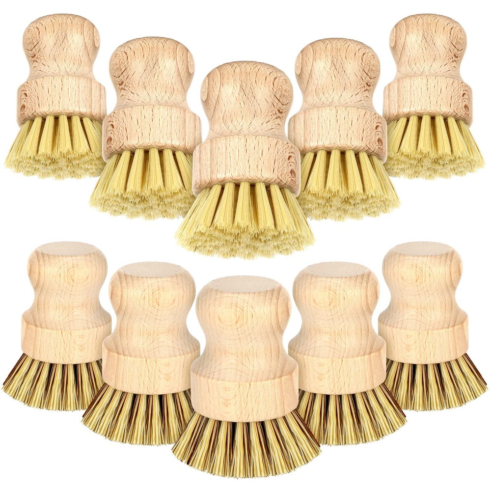 12 Pcs Bamboo Dish Brush, Wooden Scrubber Sisal Bristle Kitchen Wood Brushes for Cleaning Mini Dish Scrubber for Food Pan Pot Sink Fruit and Vegetable Wash