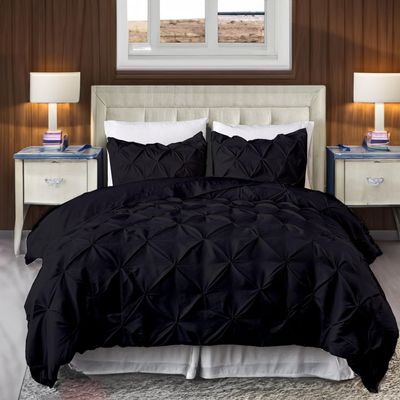 800 Thread Count Pinch Pleated Duvet Cover Set 5 Piece 100% Egyptian Cotton Bedding Set with Zipper & Corner Ties, Breathable Durable Soft Luxury Pintuck Duvet Cover & 4 Pillow Shmas (Black, Twin)