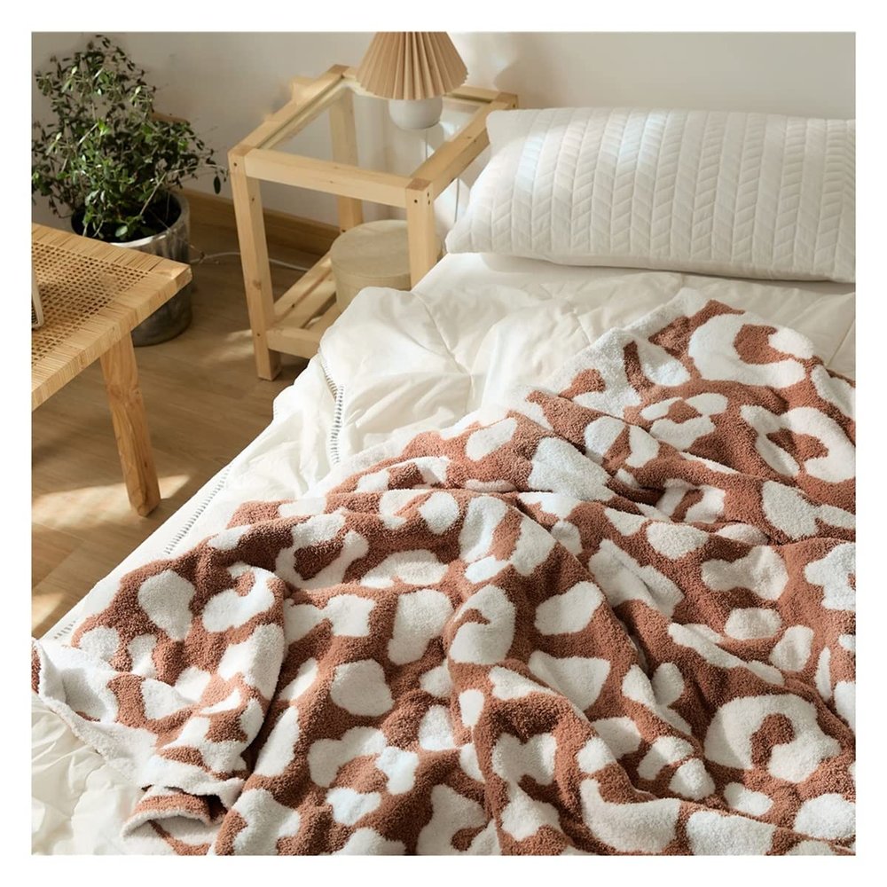 Bannr Blanket Queen Size Fluffy Blanket Throw, Knitted Leopard Print Blankets Winter Warm Microfiber Plaid Travel Pillows (Color : Big Brown White, Size : 130x160cm)