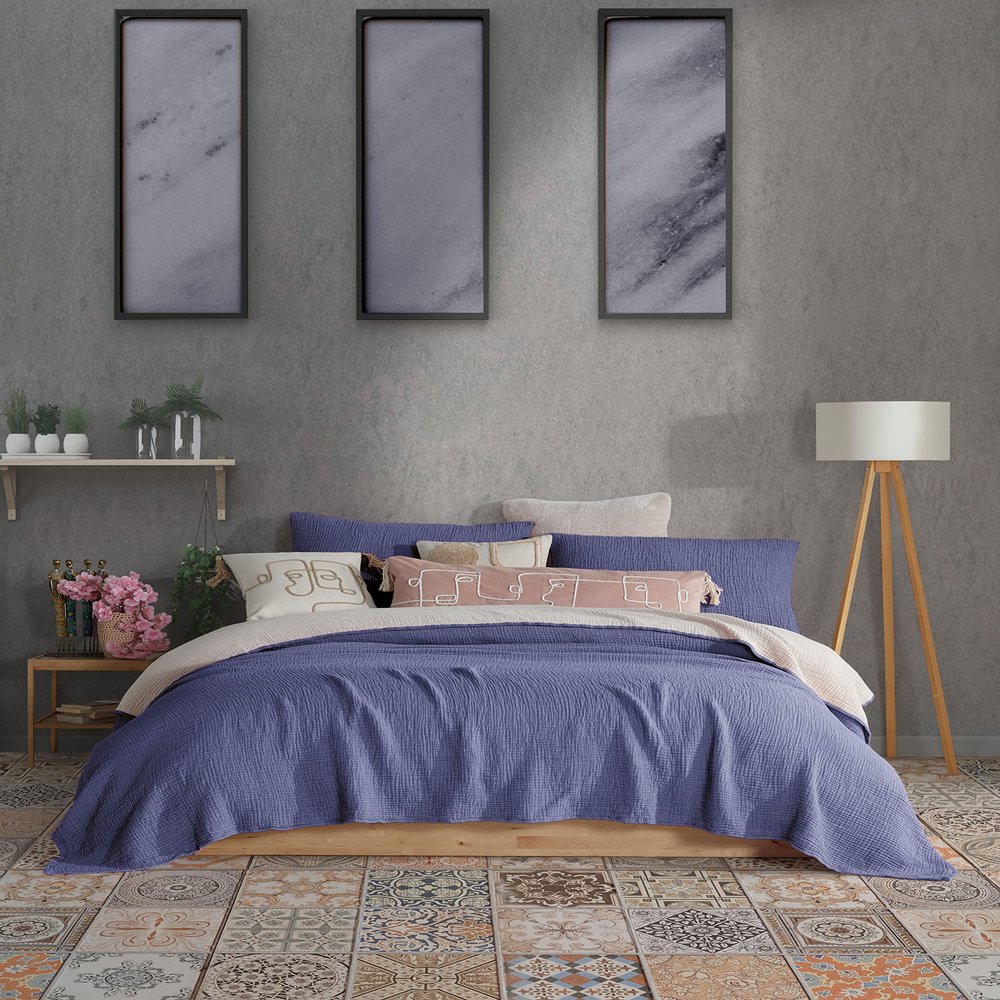 Organic Cotton 4-Layer Muslin Oversized 95 x 125 Inch Bedspread, No Fringes, Pre-Washed Soft Lightweight Breathable Bed & Sofa Cover (Blue & Off White)