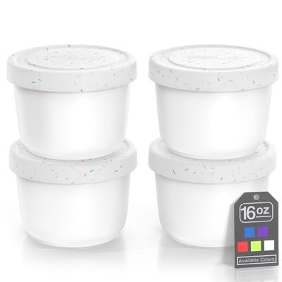 BALCI - 16oz Ice Cream Containers with Silicone Lids (Set of 4) - 1 Pint Each Freezer Food Storage Containers, Reusable, LeakProof, For Homemade IceCream Containers - White with Sprinkles