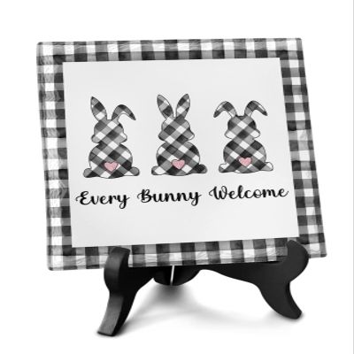 Desk Decor with Wooden Stand Plaque, Easter Table Sign Decorative Ceramics Desk Plaque Office Home Party Holiday Gift Desktop Plaque Sign Decor Every Welcome Bunny Black and White Plaid