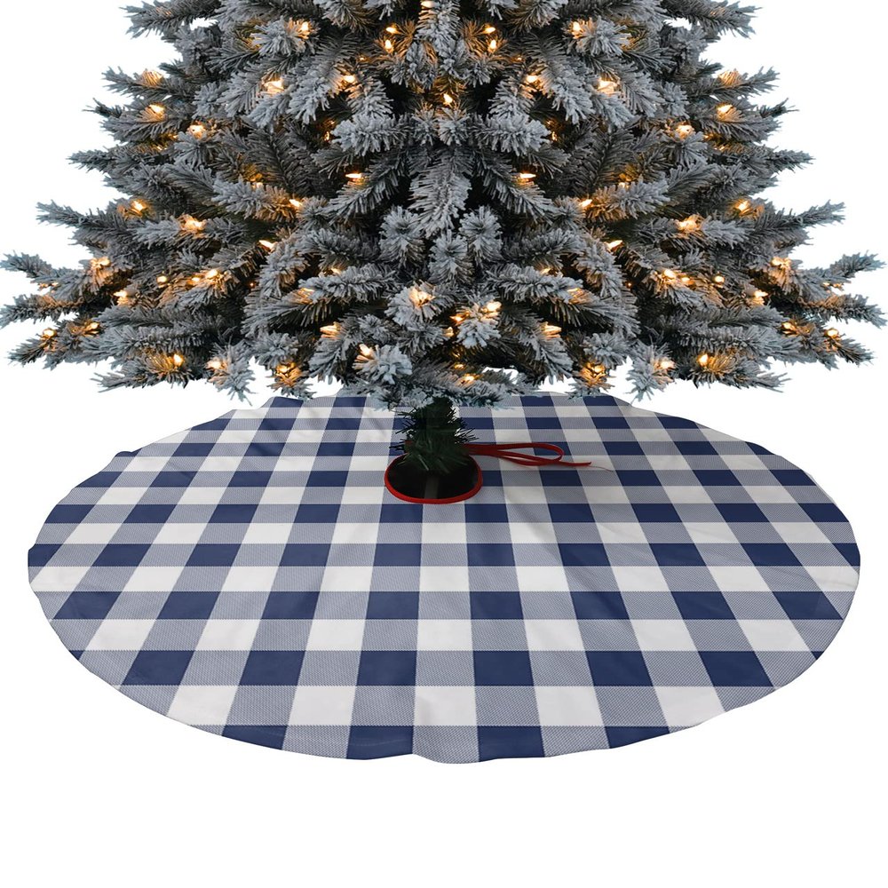 Christmas Tree Skirt 48 Inches Large Christmas Skirt Tree, Rustic Navy White Checkered Buffalo Plaid Tree Skirt Christmas Decorations for Fireplace Party Holidays Indoor Outdoor Blue Pattern Farmhouse
