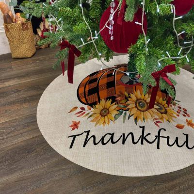 Christmas Tree Skirt 48 Inches Large Christmas Skirt Tree, Thanksgiving Pumpkin Orange Plaid Sunflower Tree Skirt Christmas Decorations for Fireplace Party Indoor Outdoor Thankful Farm Harvest